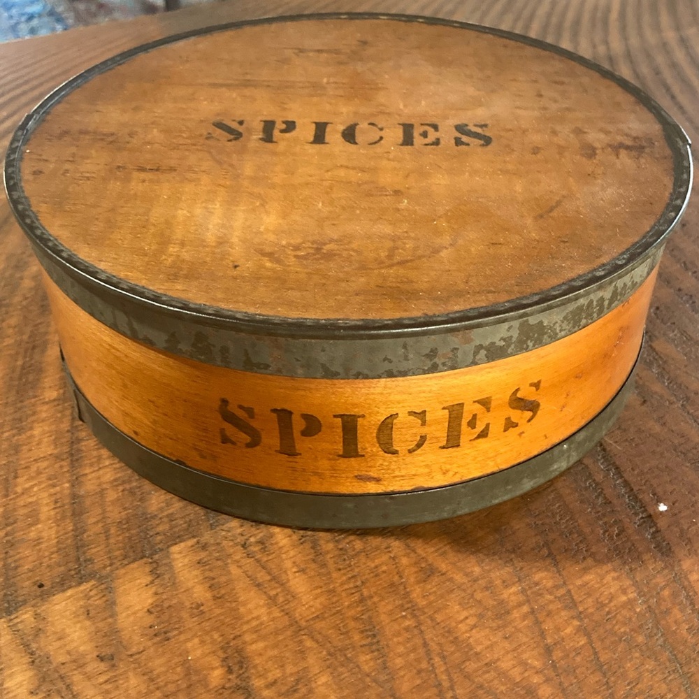 Vintage | 1800’s Rustic Wooden 'Spices' Box with Labeled Wooden Tins